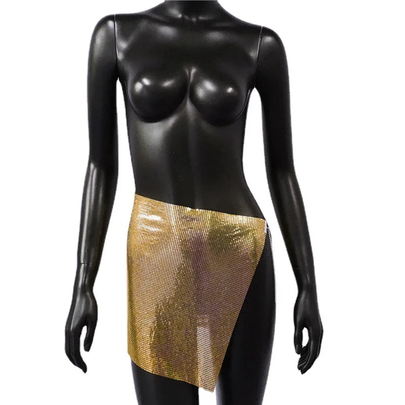 LVSANW Shiny Mini Skirt Women Summer Sexy Hollow Out Split Metal Sequins Solid See Through Breathable Luxury Sequined  Woman‘s Skirt