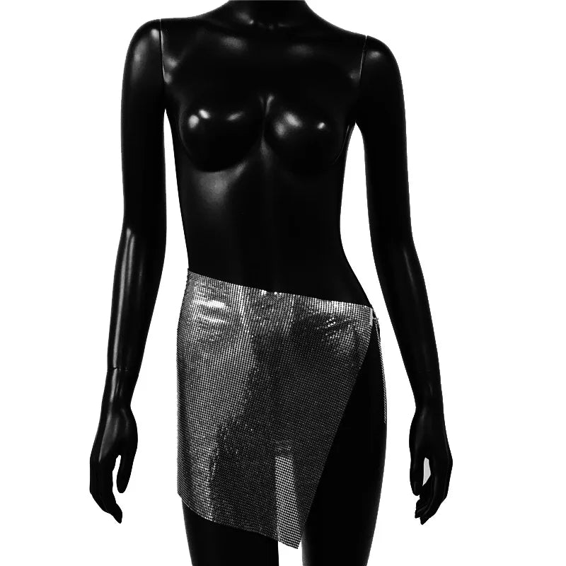 LVSANW Shiny Mini Skirt Women Summer Sexy Hollow Out Split Metal Sequins Solid See Through Breathable Luxury Sequined  Woman‘s Skirt