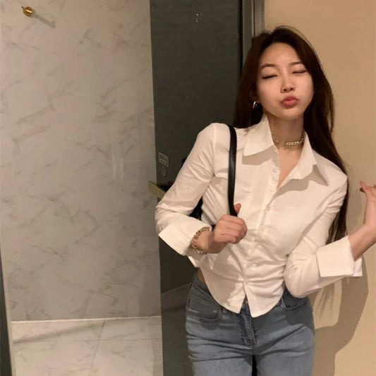 LVSANW Shirts Women Folds Slim Fit Crop Tops Daily Design White Pure Korean Style Fashion Casual Office Lady All-match Tender Spring