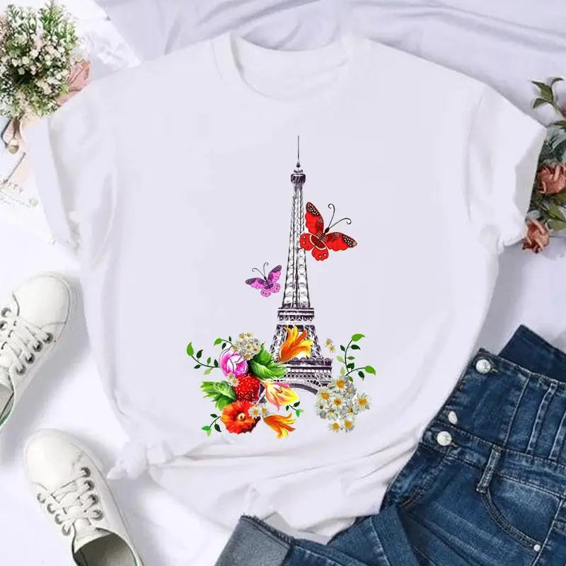 LVSANW Short Sleeve Butterfly Bow Sweet Flower Fashion Summer Women Print T Shirt Female Casual Top Tshirts Cartoon Graphic Tee T-Shirt