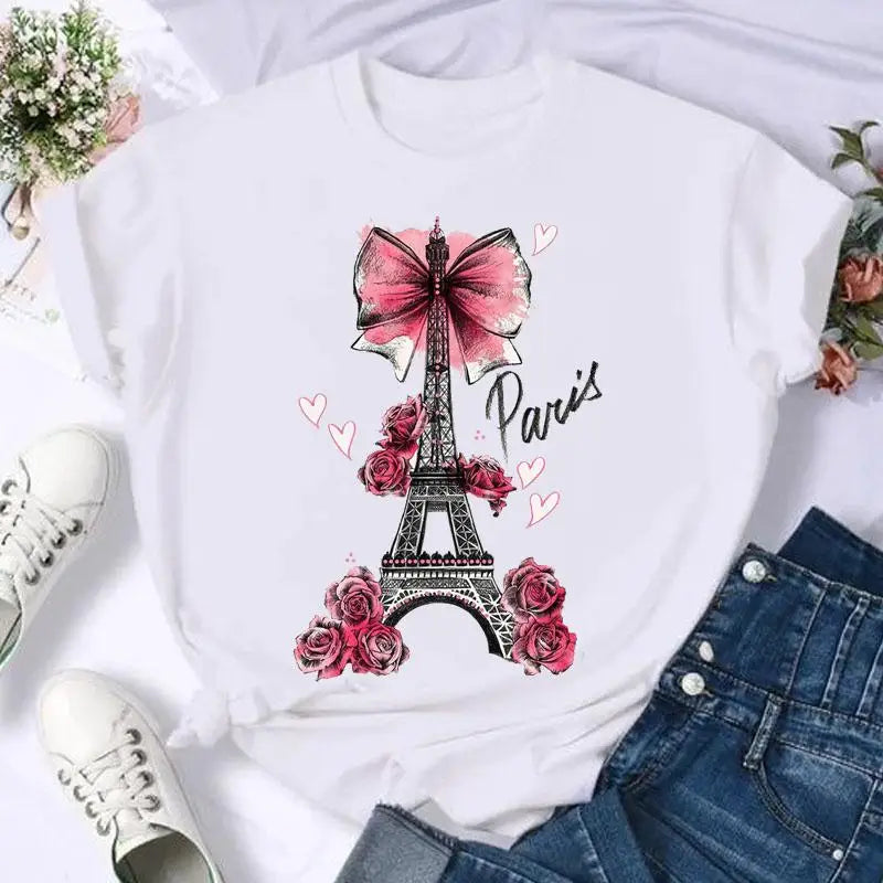 LVSANW Short Sleeve Butterfly Bow Sweet Flower Fashion Summer Women Print T Shirt Female Casual Top Tshirts Cartoon Graphic Tee T-Shirt