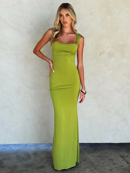 LVSANW Sibybo Fashion Elegance Sleeveless Backless Long Dress Basics Solid Color Skinny Robe 2024 Temperament Women Club Party Dresses