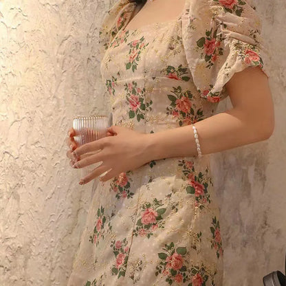 LVSANW Side High Slit Bubble Sleeve Floral Dress For Women'S French Tea Break Medium Length Square Neck Slim Fit Dress Party Gift