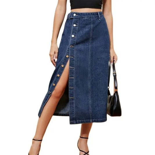 LVSANW Side Pocket Single-breasted Splicing Denim Skirt Women High Waist Half-body Dress Female Office Commuter Casual Streetwear 2024