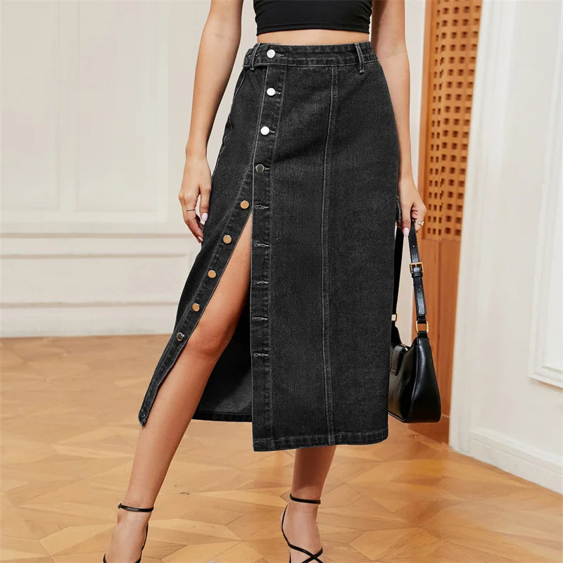 LVSANW Side Pocket Single-breasted Splicing Denim Skirt Women High Waist Half-body Dress Female Office Commuter Casual Streetwear 2024