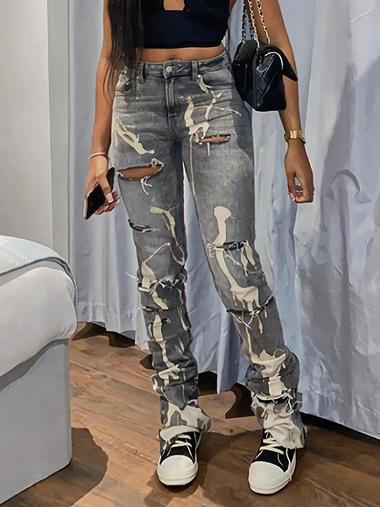 LVSANW Sifreyr Casual Ripped Hole Jeans Women Fashion Gray Print High Waist Denim Skinny Trousers Streetwear Bottoms Y2K Stacked Pants