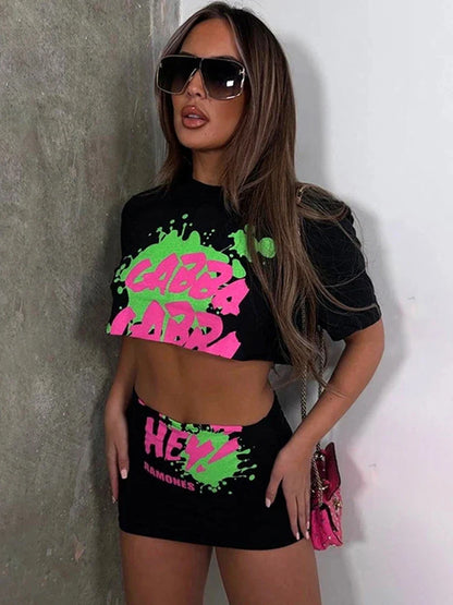 LVSANW Sifreyr Letter Print Black 2 Piece Set Women Matching Streetwear Suits O Neck Short Sleeve Bare Midriff Crop Top+mini Skirt Sets