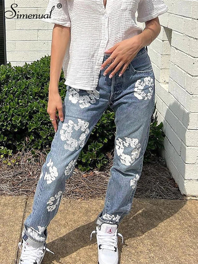 LVSANW Simenual Hipster Flowers Printed Cotton Jeans Woman Mid Waist Buttons Zipper Long Pants Fall Y2k Streetwear Going Out Trousers