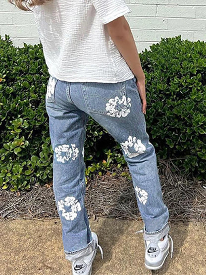 LVSANW Simenual Hipster Flowers Printed Cotton Jeans Woman Mid Waist Buttons Zipper Long Pants Fall Y2k Streetwear Going Out Trousers