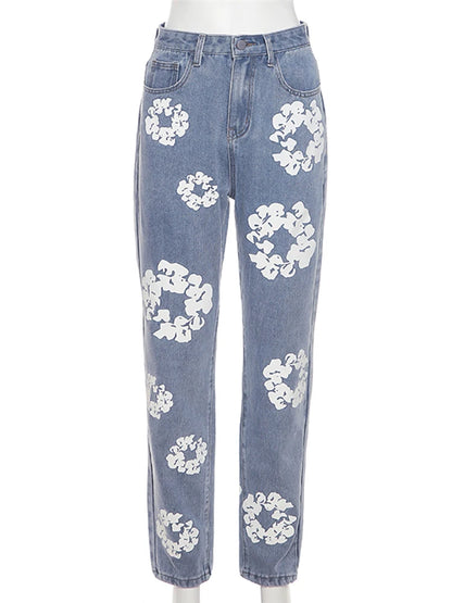 LVSANW Simenual Hipster Flowers Printed Cotton Jeans Woman Mid Waist Buttons Zipper Long Pants Fall Y2k Streetwear Going Out Trousers