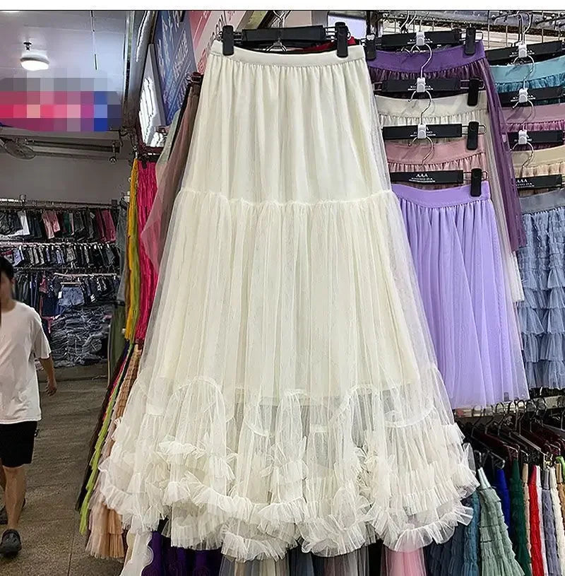 LVSANW Simple Mesh Skirt 2025 Summer New Women's Fashionable Oversized Bellflower Edge Puffy Petticoat Elegant Streetwear