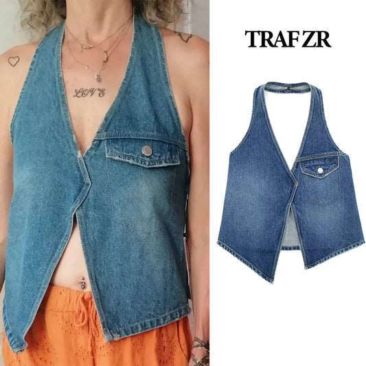 LVSANW Sivatu Traf Vitage High Street Top Women Crop Top Y2k Harajuku Women's Cropped Gothic Sexy Denim Top Vest for Women Corset