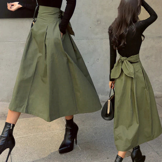 LVSANW Skirts Womens Korean Fashion Solid Color Big Swing Ladies Skirt Long Skirt 2022 Autumn Wild High Waist Bow Slim Skirts