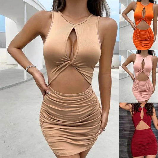 LVSANW Sleeveless Sexy Mini Dress Women Bodycon Pleated Hollow Out Dress Summer Party Club Solid Short Mini Dresses Party Club Outfit