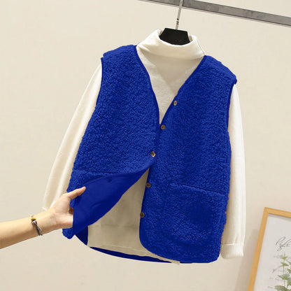 LVSANW Sleeveless Solid Color Zipper Placket Two Pocket Plush Vest Autumn Winter Thickened Fleece Jacket Vest Women Waistcoat Outerwear