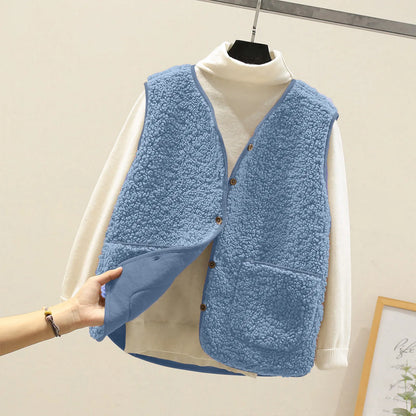 LVSANW Sleeveless Solid Color Zipper Placket Two Pocket Plush Vest Autumn Winter Thickened Fleece Jacket Vest Women Waistcoat Outerwear