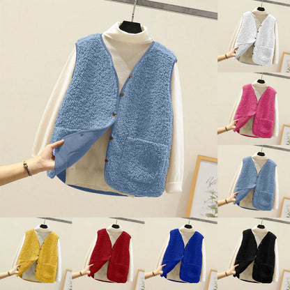 LVSANW Sleeveless Solid Color Zipper Placket Two Pocket Plush Vest Autumn Winter Thickened Fleece Jacket Vest Women Waistcoat Outerwear