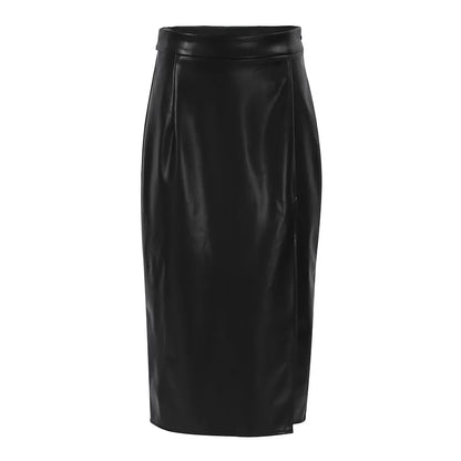 LVSANW Slit PU Leather Mid-length Skirt Women's Autumn and Winter Sexy Black High Waist Ladies Office Pencil A-line Skirt