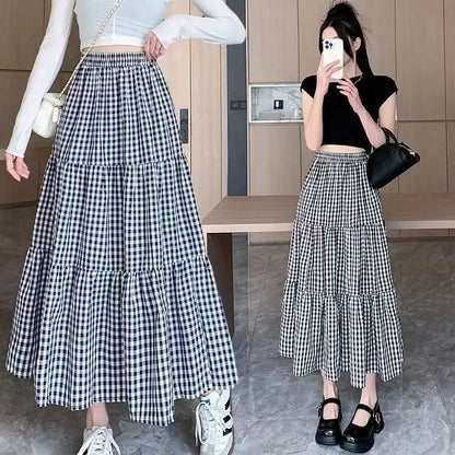 LVSANW Small girl thin black and white check skirt sag half skirt large size summer loose students in the long cake skirt