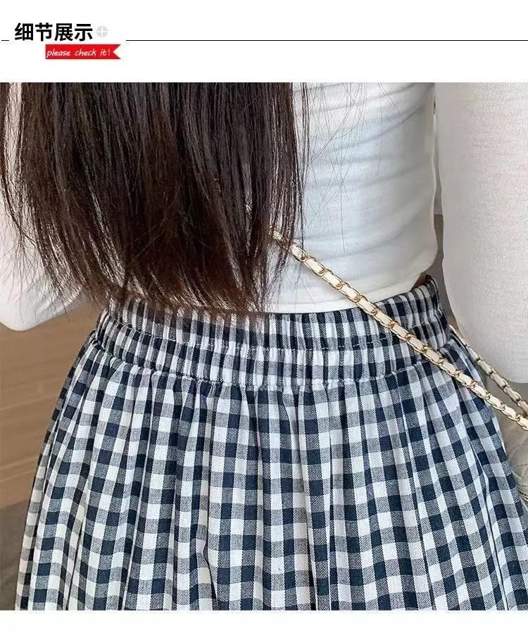 LVSANW Small girl thin black and white check skirt sag half skirt large size summer loose students in the long cake skirt