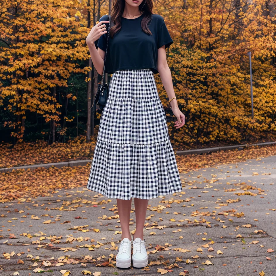 LVSANW Small girl thin black and white check skirt sag half skirt large size summer loose students in the long cake skirt