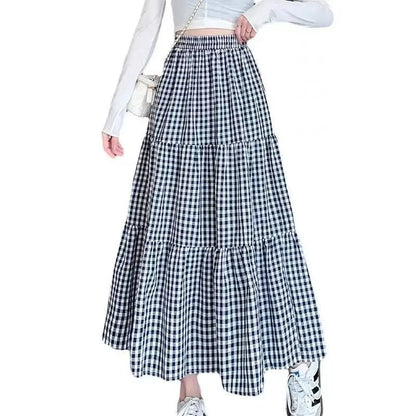 LVSANW Small girl thin black and white check skirt sag half skirt large size summer loose students in the long cake skirt