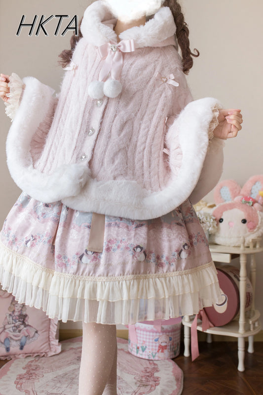 LVSANW Soft Girl Lolita New Winter Hooded Knitted Sweater Cloak Sweet Cute Women Warm Furry Knitwear Jacket Cardigan Loose Poncho Coat