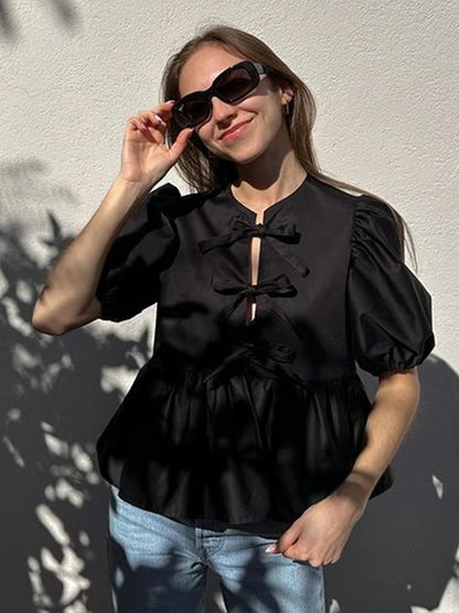 LVSANW Soild Short Puff Sleeve Blouse For Women 2024 Summer Folds Round Neck Bow Lace Up Shirts Elegant Office Lady Street Chic Tops