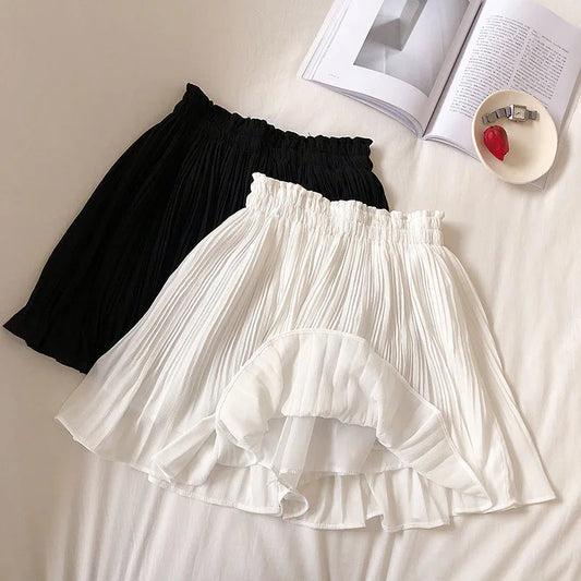 LVSANW Solid Chiffon Summer Shorts Skirt Women Fashion Elastic Waist Pleated Mini Skirt Casual Beach Faldas Saias