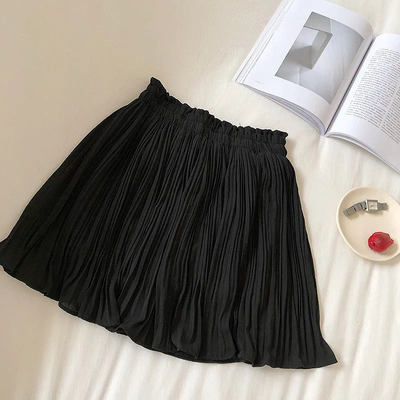 LVSANW Solid Chiffon Summer Shorts Skirt Women Fashion Elastic Waist Pleated Mini Skirt Casual Beach Faldas Saias