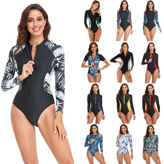 LVSANW Solid Color One-Piece Swimsuit Long Sleeve Swimwear Sports Women's Swimming Bathing Suit Beach Bather Surfing Swim Wear