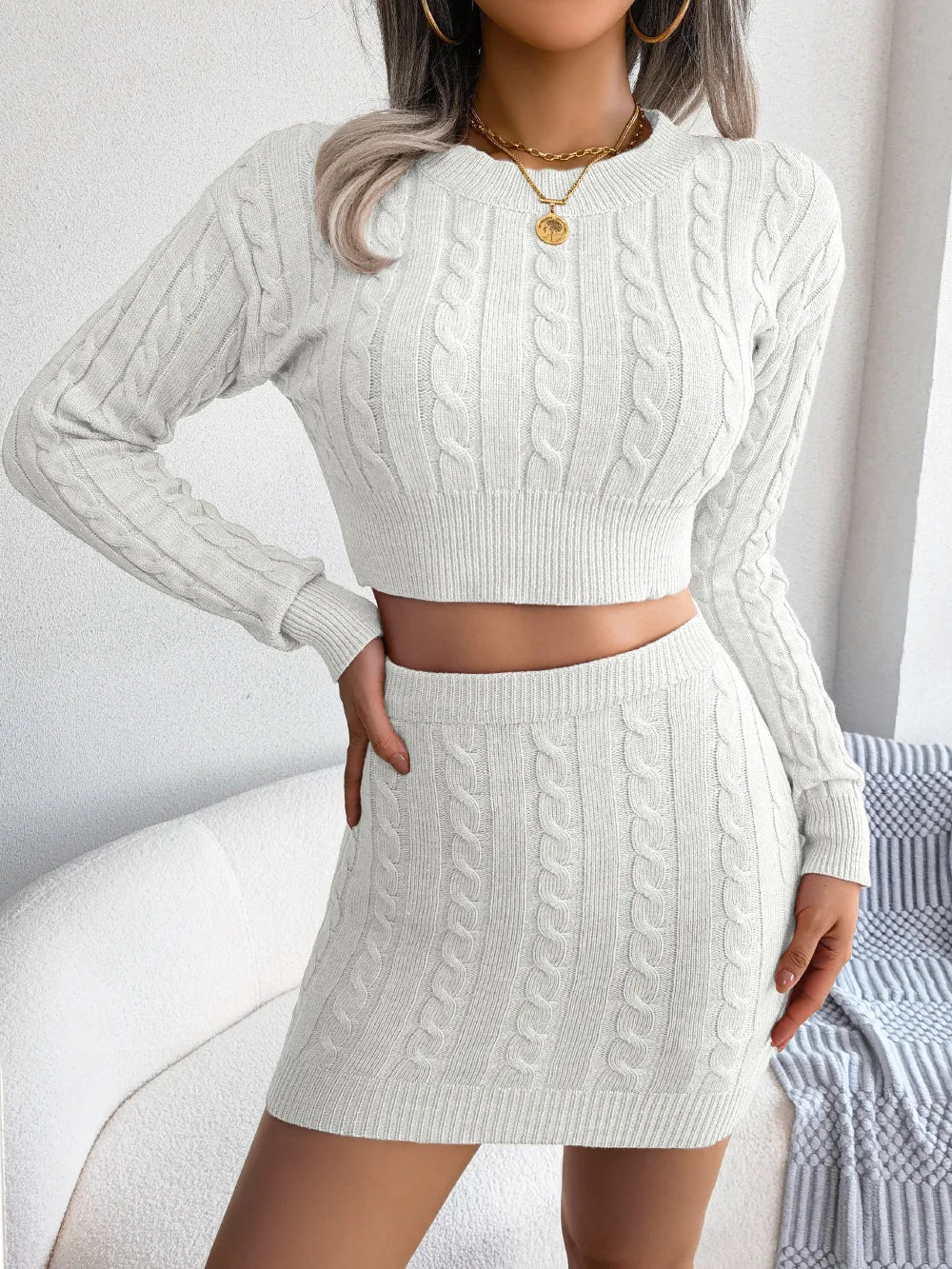 LVSANW Solid Color Slim All Match Laides Two Piece Set Women Twist Crop Sweater Hip Skirt Knit Suits Autumn Winter