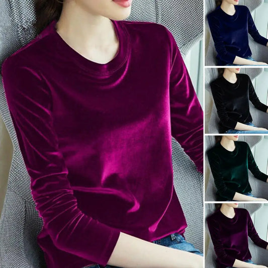 LVSANW Solid Color Velvet Women Blouse Spring Autumn O-Neck Long Sleeve Pullover Top Loose Bright Surface Bottoming Shirt Streetwear