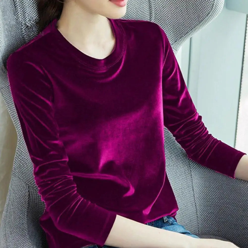 LVSANW Solid Color Velvet Women Blouse Spring Autumn O-Neck Long Sleeve Pullover Top Loose Bright Surface Bottoming Shirt Streetwear