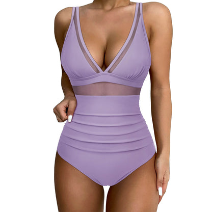 LVSANW Solid  One-piece Swimsuit Women Deep V-neck Removable Bra Plain Monokinis 2024 New Summer Beach Swimwear  Swimsuit Female