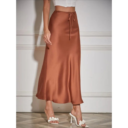 LVSANW Solid Satin Long Skirts For Women Autumn Elegant Women's High Waist A-Line Maxi Skirts Female Fashion Silk Lace Up Skirt