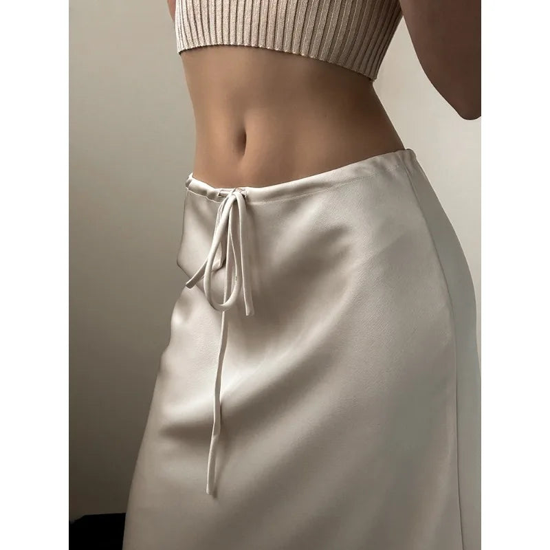 LVSANW Solid Satin Long Skirts For Women Autumn Elegant Women's High Waist A-Line Maxi Skirts Female Fashion Silk Lace Up Skirt