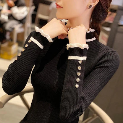 LVSANW Solid Sweater Women Patchwork Knitted Pullovers Korean Slim Knitwear Autumn Winter Basic Half Turtleneck All Match Jumper Tops