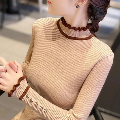 LVSANW Solid Sweater Women Patchwork Knitted Pullovers Korean Slim Knitwear Autumn Winter Basic Half Turtleneck All Match Jumper Tops