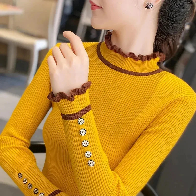 LVSANW Solid Sweater Women Patchwork Knitted Pullovers Korean Slim Knitwear Autumn Winter Basic Half Turtleneck All Match Jumper Tops