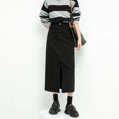 LVSANW Split Denim Skirt For Women High Waisted Loose A-line Skirt Korean Elegant Black Skirts 2024 Autumn Fashion Mid length Skirts