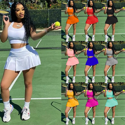 LVSANW Sporty Casual Two Piece Set for Women Sweat Suits Tank Crop Top and Mini Skirt Sets Workout Fitness Matching Sets Tracksuit