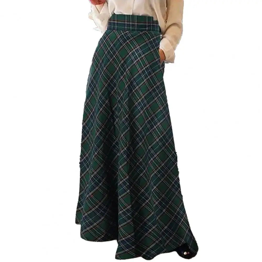 LVSANW Spring Autumn Women Maxi Skirt A-Line Plaid Print High Waist Floor Length Large Hem Skirt Comfortable Plaid Print Lady Skirt