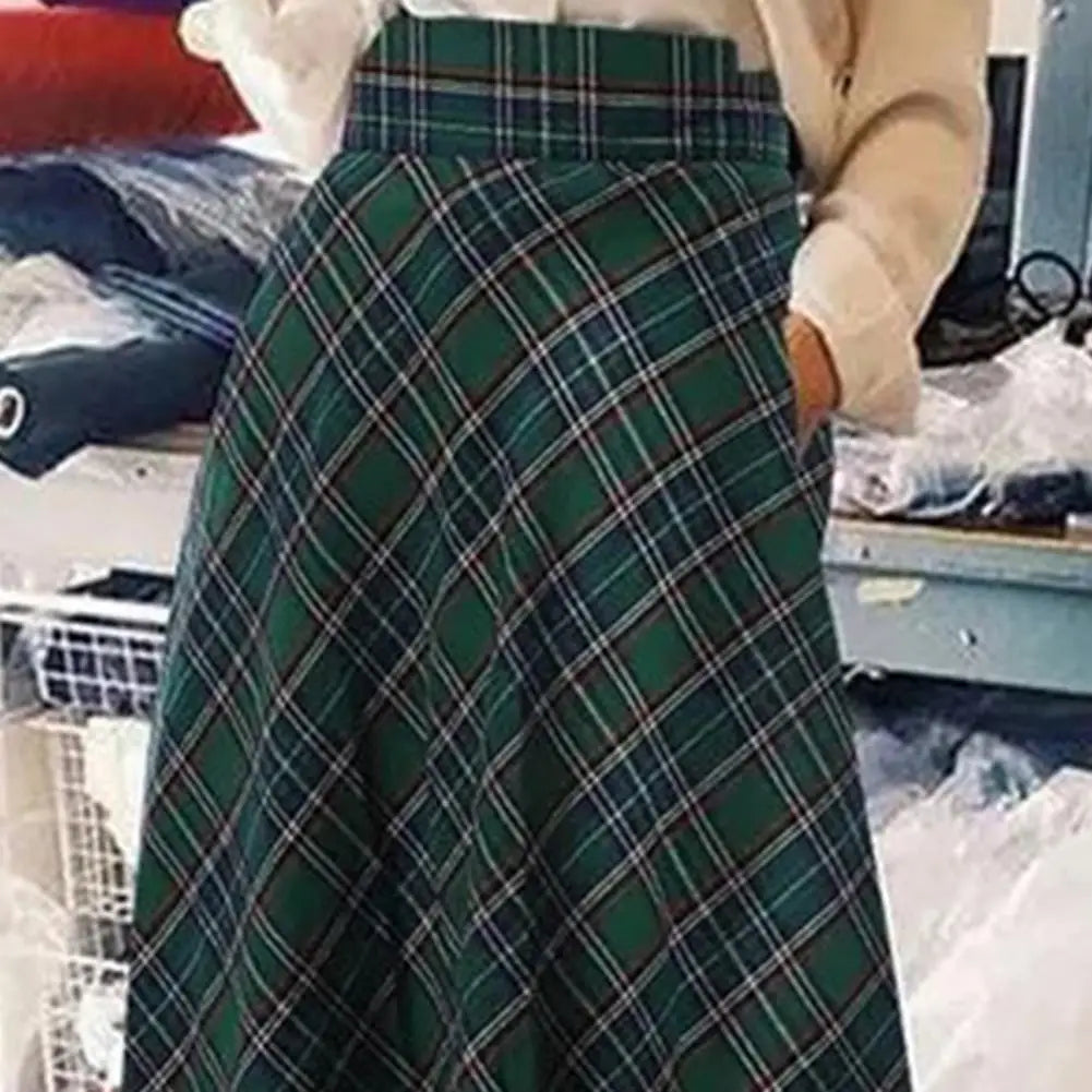 LVSANW Spring Autumn Women Maxi Skirt A-Line Plaid Print High Waist Floor Length Large Hem Skirt Comfortable Plaid Print Lady Skirt