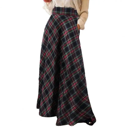 LVSANW Spring Autumn Women Maxi Skirt A-Line Plaid Print High Waist Floor Length Large Hem Skirt Comfortable Plaid Print Lady Skirt