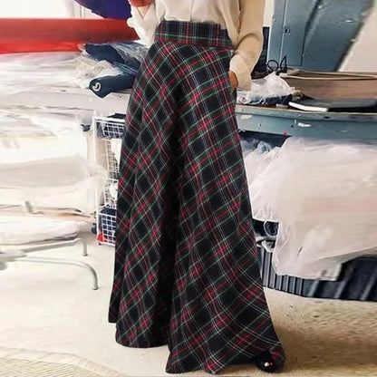 LVSANW Spring Autumn Women Maxi Skirt A-Line Plaid Print High Waist Floor Length Large Hem Skirt Comfortable Plaid Print Lady Skirt