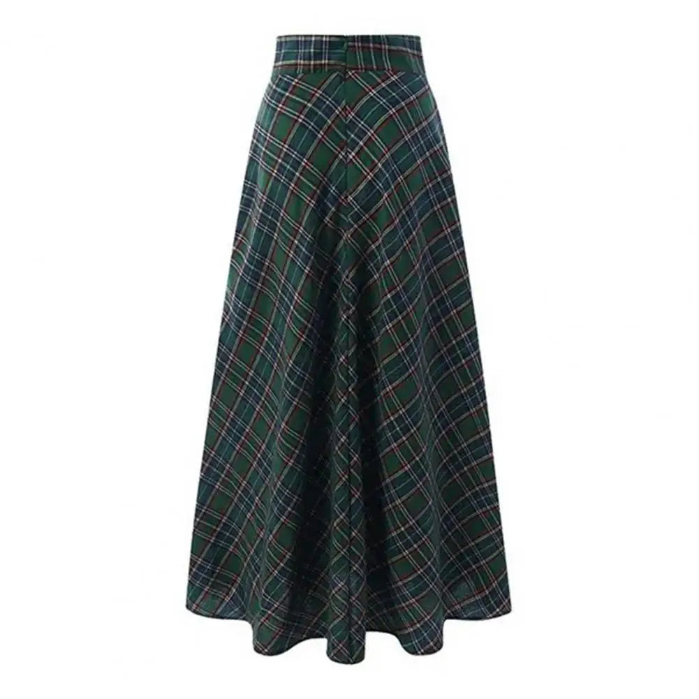 LVSANW Spring Autumn Women Maxi Skirt A-Line Plaid Print High Waist Floor Length Large Hem Skirt Comfortable Plaid Print Lady Skirt