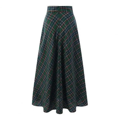 LVSANW Spring Autumn Women Maxi Skirt A-Line Plaid Print High Waist Floor Length Large Hem Skirt Comfortable Plaid Print Lady Skirt