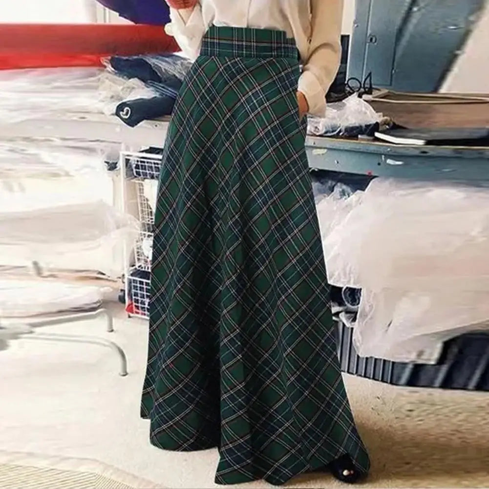 LVSANW Spring Autumn Women Maxi Skirt A-Line Plaid Print High Waist Floor Length Large Hem Skirt Comfortable Plaid Print Lady Skirt