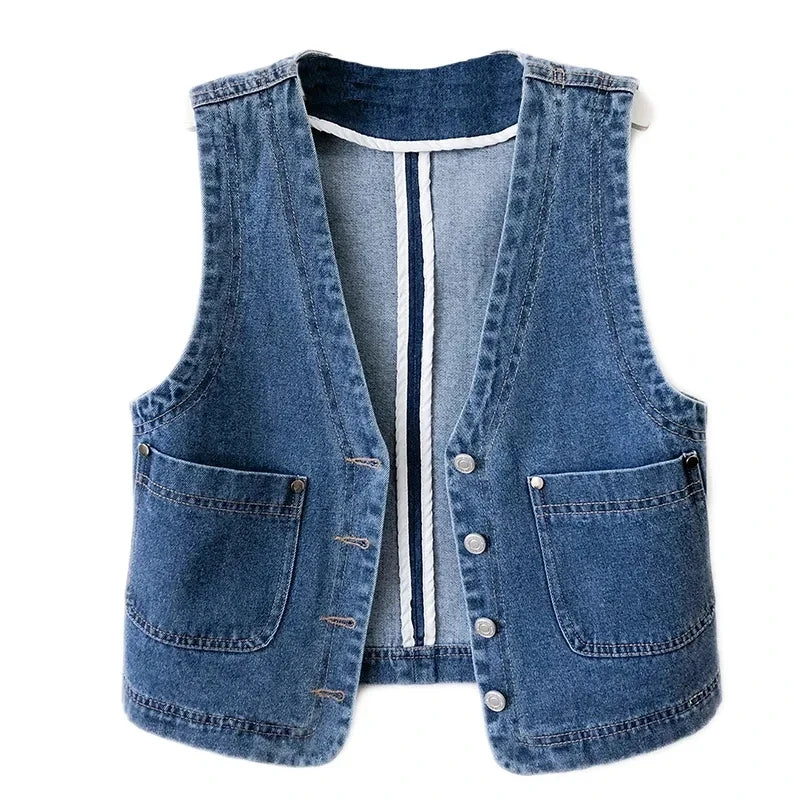 LVSANW Spring Autumn Women's Short Denim Vest Jacket Single Breasted Korean Slim Casual Jeans Vest Female Waistcoat Tops Chaleco Mujer